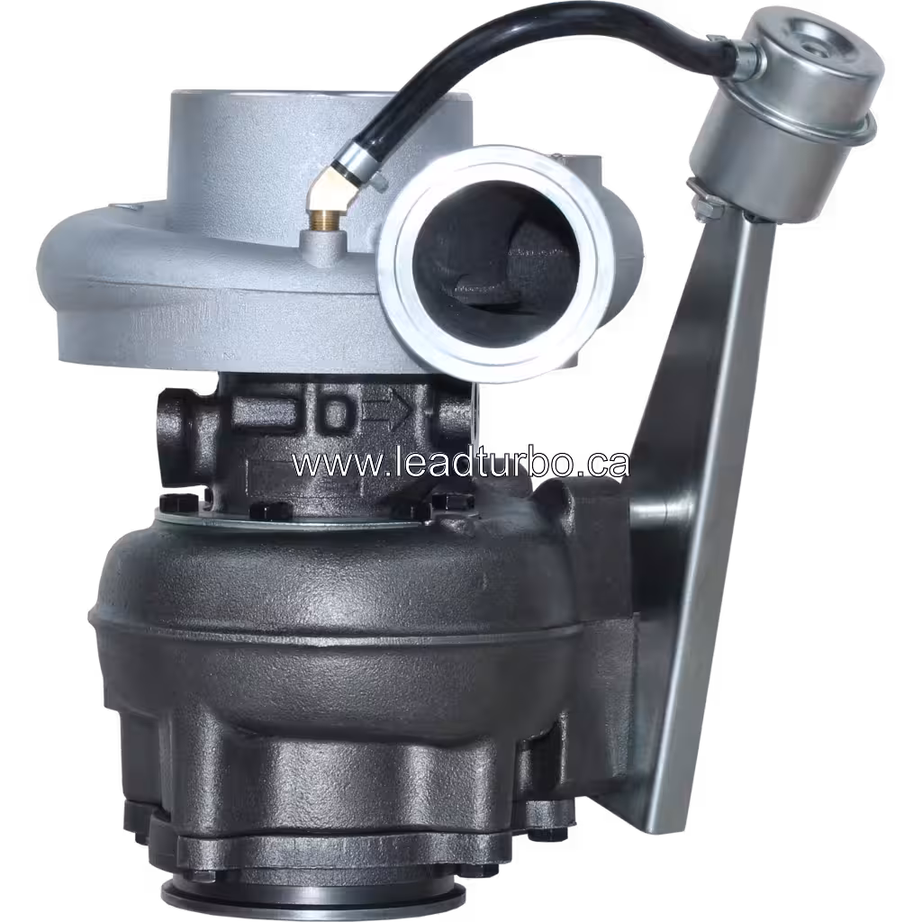 4951032 HX40W turbocharger front view with silver turbine housing and black compressor housing