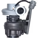 4951032 HX40W turbocharger front view with silver turbine housing and black compressor housing